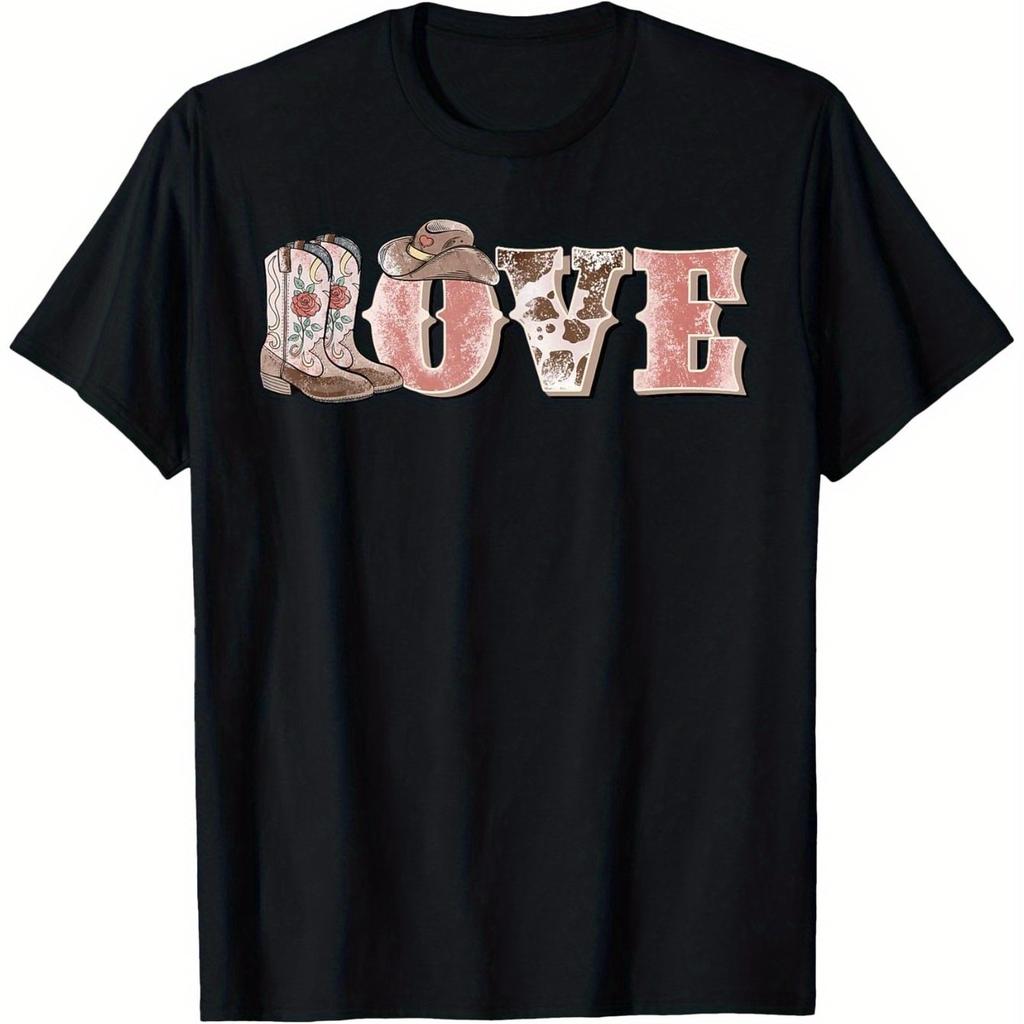 Cowboy Love Western Boots Hat Graphic Tee Soft Breathable Cotton T-Shirt Casual Daily Crew Neck Gift