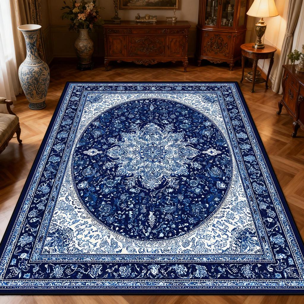 New Classical Carpet Decoration Bedroom Bedside Washable Short Velvet Rug Outdoor Balcony Foldable Soft Floor Mat Blue White