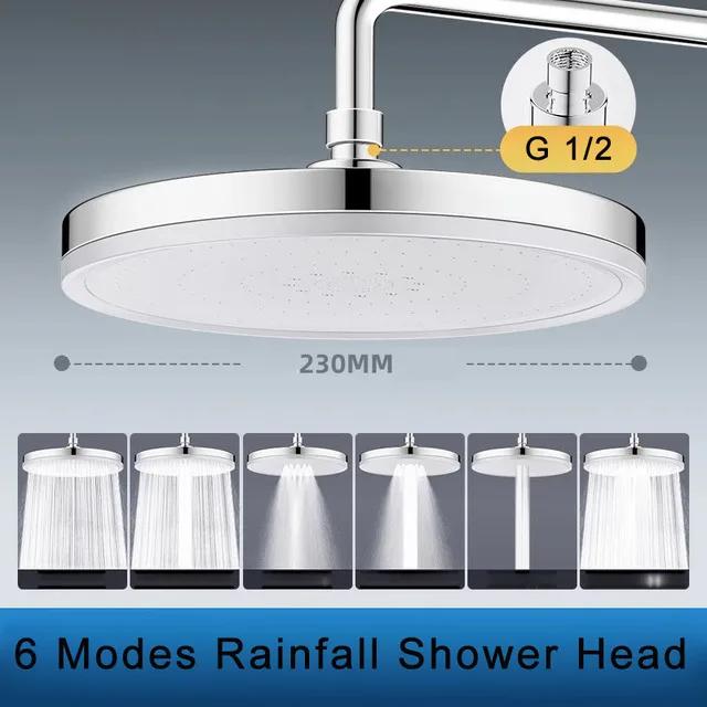 New 6 Modes Large Flow Supercharge Rainfall Shower Head 230mm Round High Pressure Top Spray Rain Showerhead Bathroom Accessories
