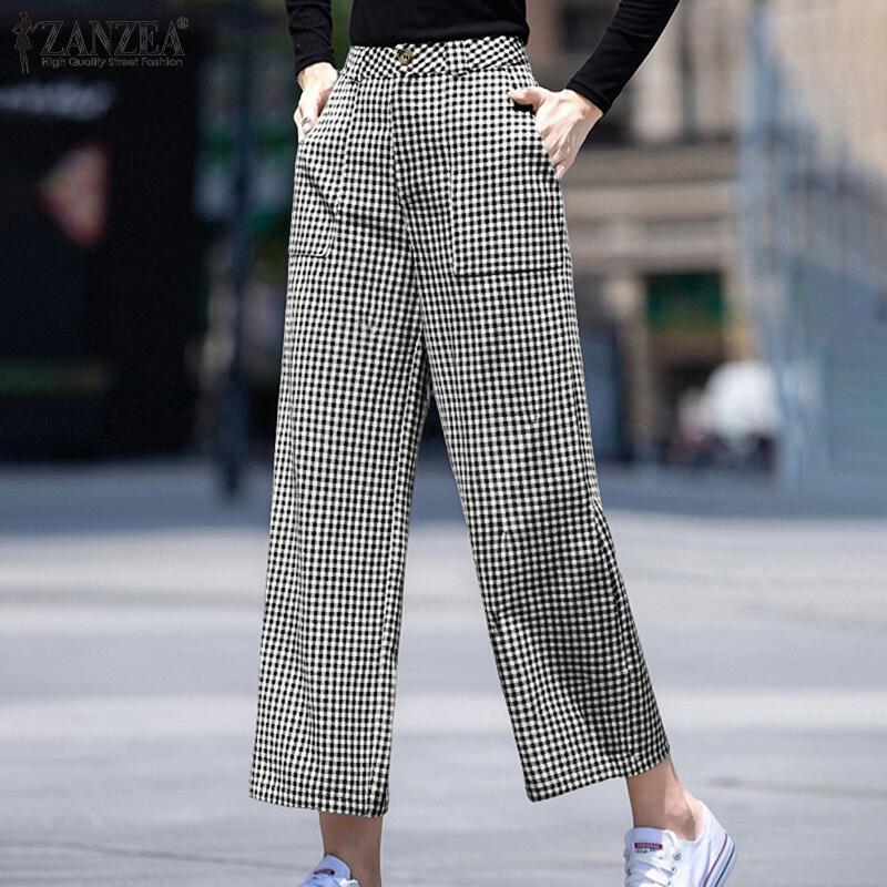 

ZANZEA Womens Casual Retro Grid Print Cropped Pants M синій