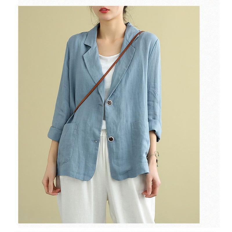Fashion Casual Cotton and Linen Women Jacket Small Suits 2025 Spring Summer New Loose Long Sleeve Office Blouse Sunscreen Shirt Woman Pockets Clothing