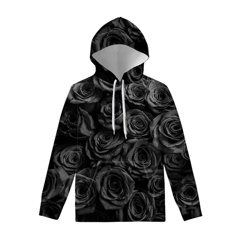 Men Clothing New In Hoodies & Sweatshirts Black Rose Pattern Harajuku Sweatshirts 3D Animal Flower Goth Loose Pullover Sportwear