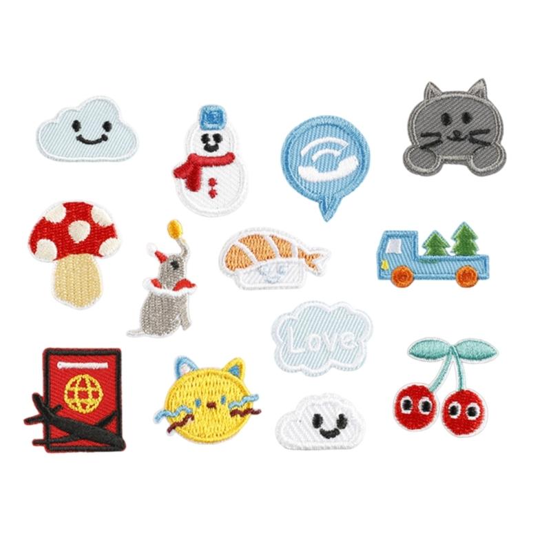 13 Pcs Cloud Sew On/Iron On Patches Cartoon Cats Embroidered Patches Mushroom Sewing Patches for Backpacks Decorations 1