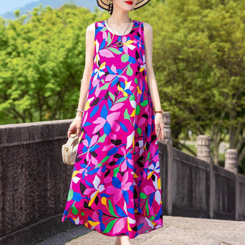 Elegant Sleeveless Dress Summer Fashion Casual Loose Vintage Print Long Dresses for Women Summer Clothes