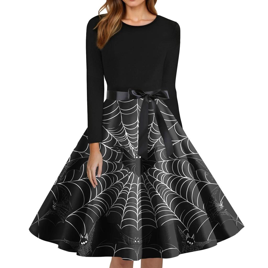 Women's Fashion O-Neck Casual Slim Fit Halloween Printed Long Sleeve Dress