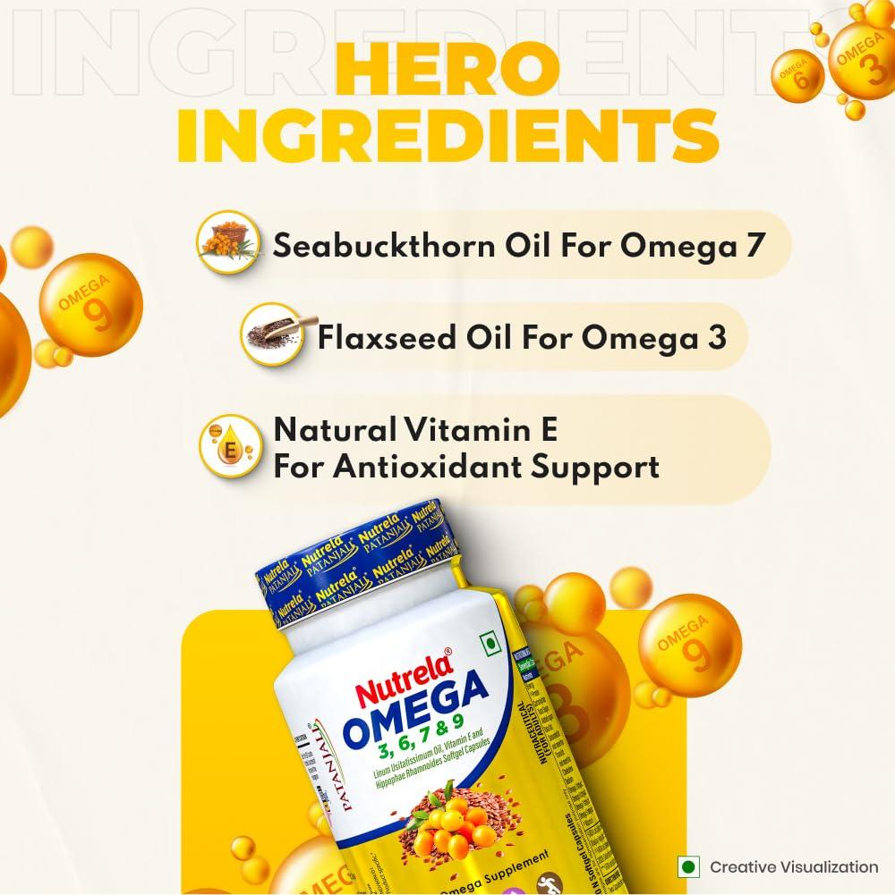 Nutrela Patanjali Omega 3 6 7 9 Vegetarian Softgels Pack of 60 Capsules for Heart Skin Wellness