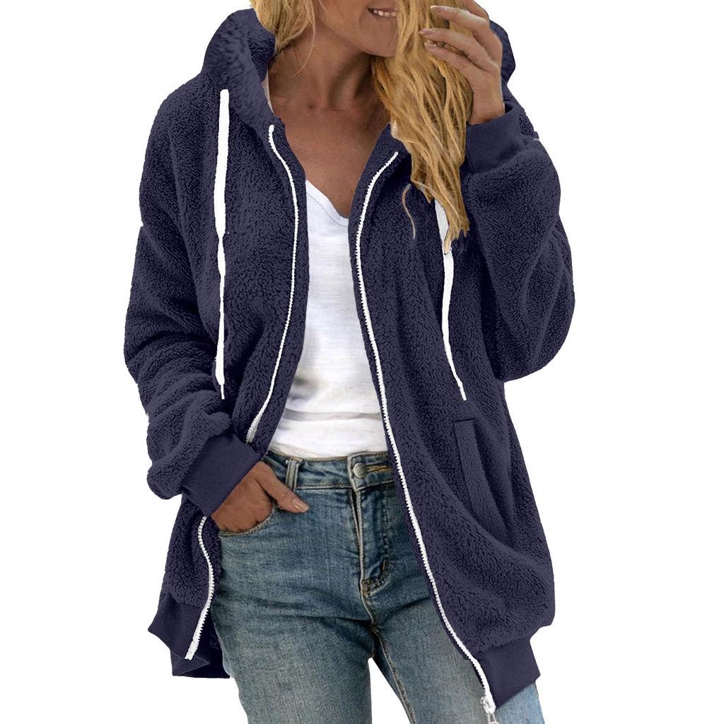 Women's Fashion Stitching Loose Hoodies Long Sleeve Plush Zipper Coat