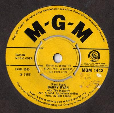 7-Zoll Schallplatte BARRY RYAN - Eloise MGM1442 MGM Records 1968 UK Pop Gebraucht