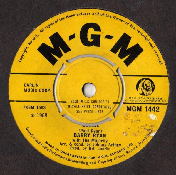 7inch Record BARRY RYAN - Eloise MGM1442 MGM Records 1968 UK Pop Used