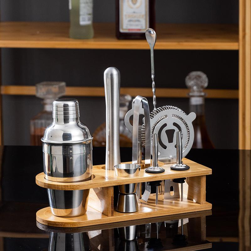 

350/550/750ML cocktail shaker bar mixing tool with wooden stand, bartender bar tool accessories set of 9 pieces