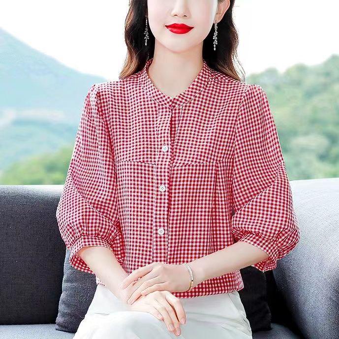 Women's Fashionable Red Plaid Stand-Up Collar Blouse - Seven-Sleeve Loose Fit for Summer 2025