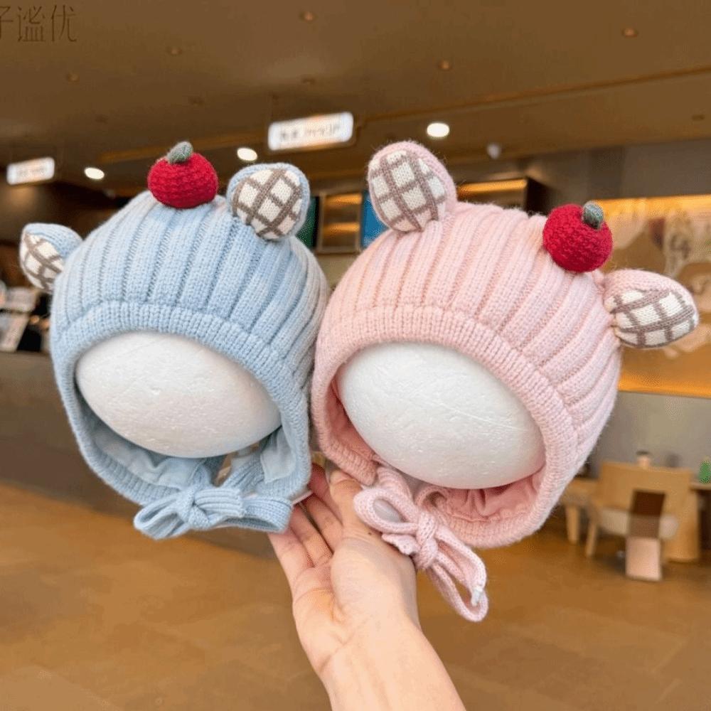 Knitted Baby Winter Hat with Plaid Ear Details Earflap Beanie Infant Knit Hat Cold Weather Outings