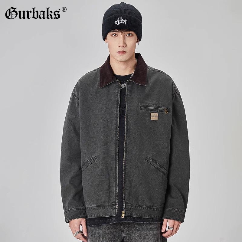 GURBAKS Vintage Distressed Washed Jacket for Men - Heavyweight Colorblock Lapel Workwear.