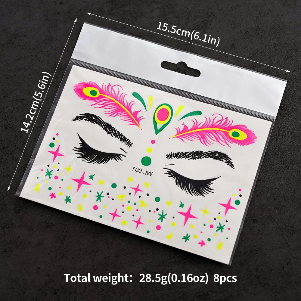 16 Fluorescent Face Stickers Nightclub Masquerade Neon Fluorescent Face Stickers Waterproof Music Festival Glow Tattoo Stickers