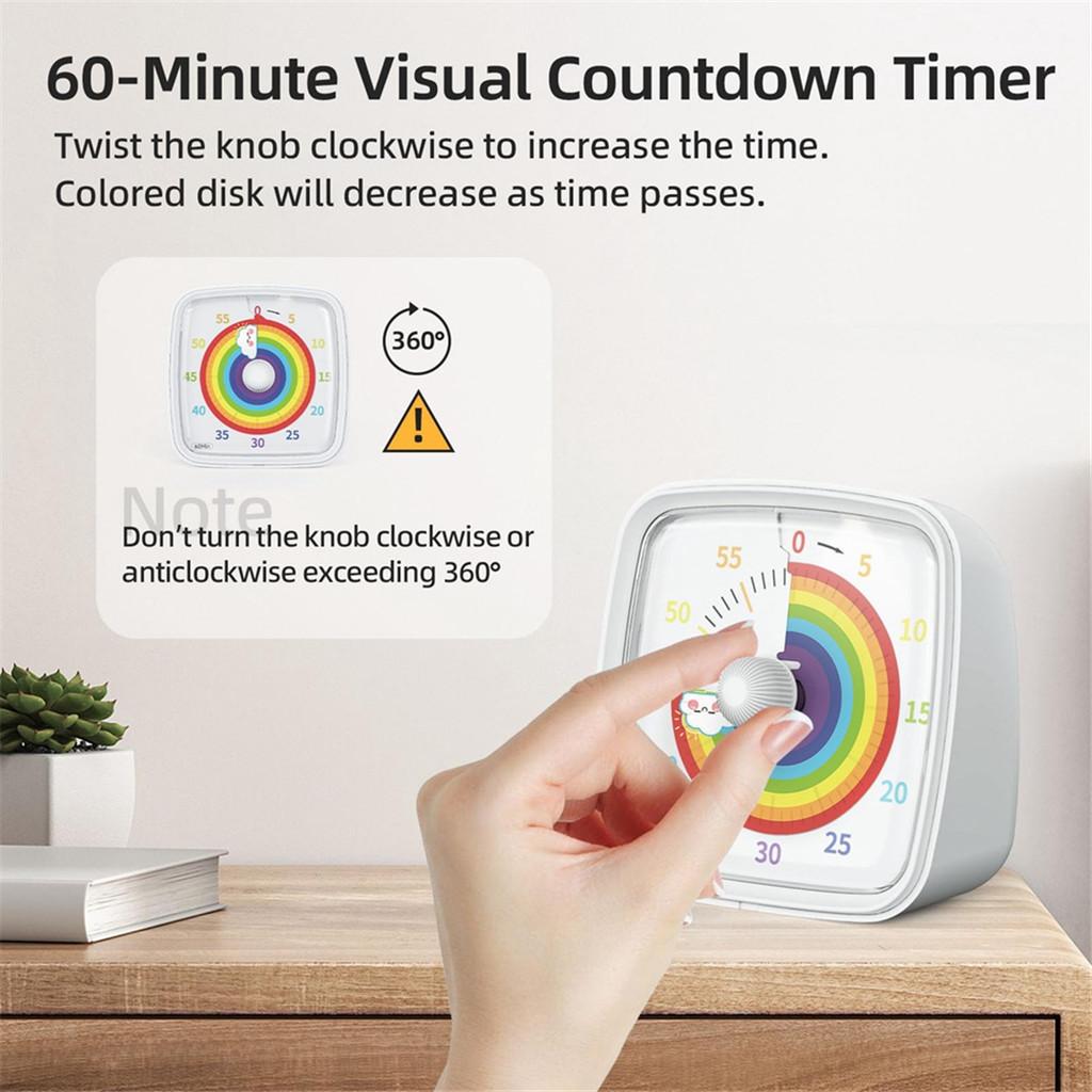 60-Minute Portable Practical Countdown Timer Visual Timer with Night Light Pomodoro Timer with Rainbow Pattern