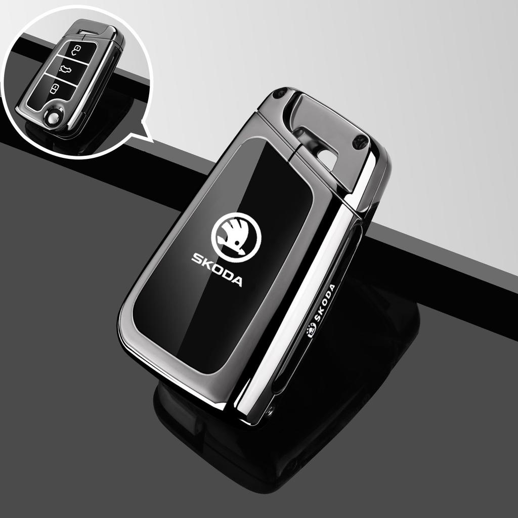 AEU1 For Skoda Octavia Kodiaq Karoq Protector Key chain Accessories Zinc Alloy Leather Car Remote Key Case Fob Cover Holder Shell