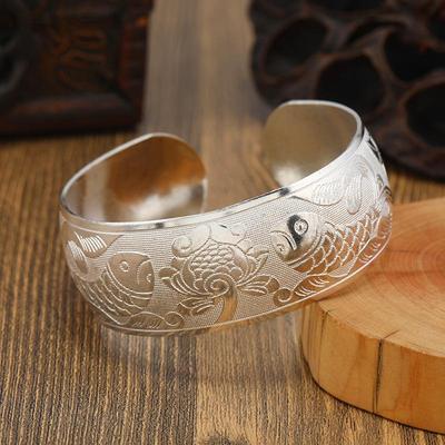 Stile Etnico Boemo Argento Retrò Bracciale Largo Per Donne Fiore Intagliato Apribile alla Moda Bracciale Gioielli Vintage Boho