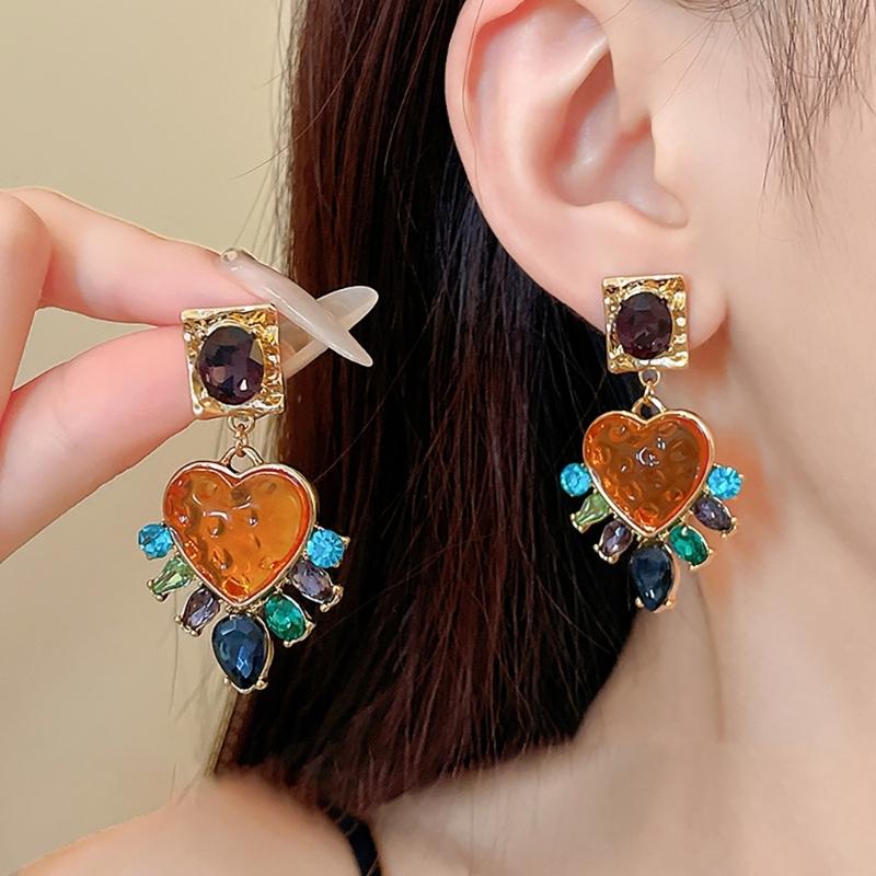 Heart Dangle Drop Earrings for Women 18k Gold Plated with Multicolor Crystal Rhinestones and Amethyst Cubic Zirconia