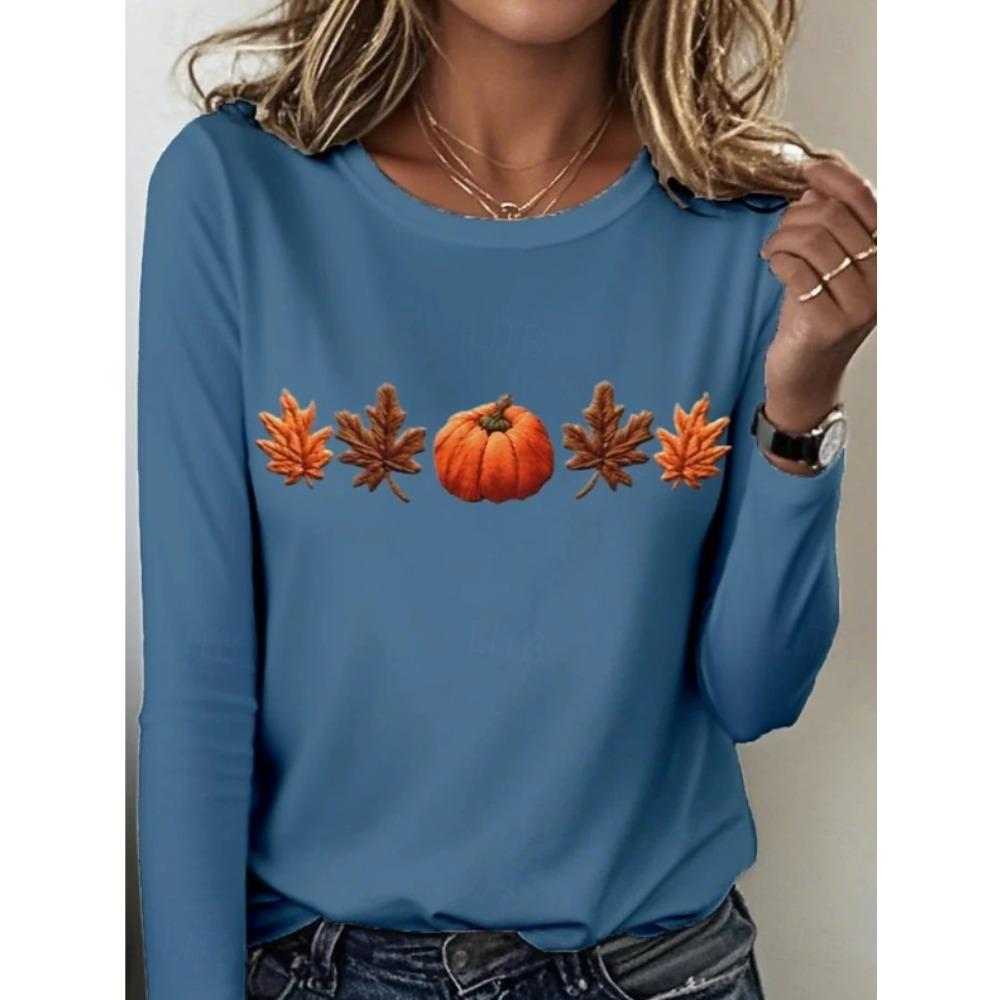 Tops for Women Pumpkin Print Costume  Round Neck Long Sleeve T-shirt Fall Casual Slim Pullover Women's Long Sleeve Top