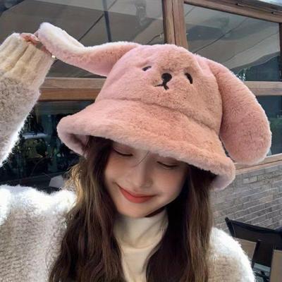 Cute Bear Plush Hat Winter Girls Warm Fisherman Cap Women Smile Bear Thick Bucket Hats Outdoor Autumn Lady Large Capacity Caps