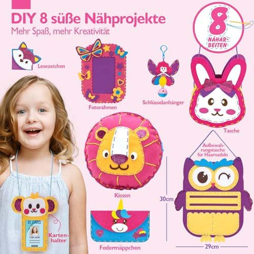 Hahaland Kids Sewing Kit with Unicorn, Owl, Rabbit, 8 Easy Projects, Beginner DIY Felt Craft Set, Toy Gift for Girls Ages 6 7 8 9 10
