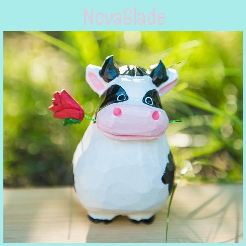 Wooden Cow Carved Figurine Handcrafted Natural Decor For Office Desk And Gift Giving