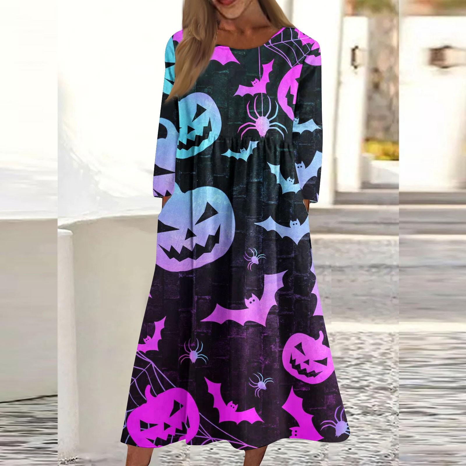 

Женское повседневное платье с круглым вырезом и длинными рукавами с принтом на Хэллоуин и карманами XXL фиолетовый