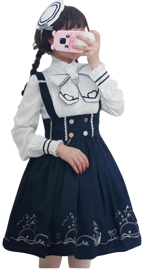Lolita Long Sleeve Blouse High Waist Skirt Ribbon Tie Sailor Collar Claroli Costume Photo Shoot Cosplay Navy 4 Piece Set [Lady Lazy] (S)