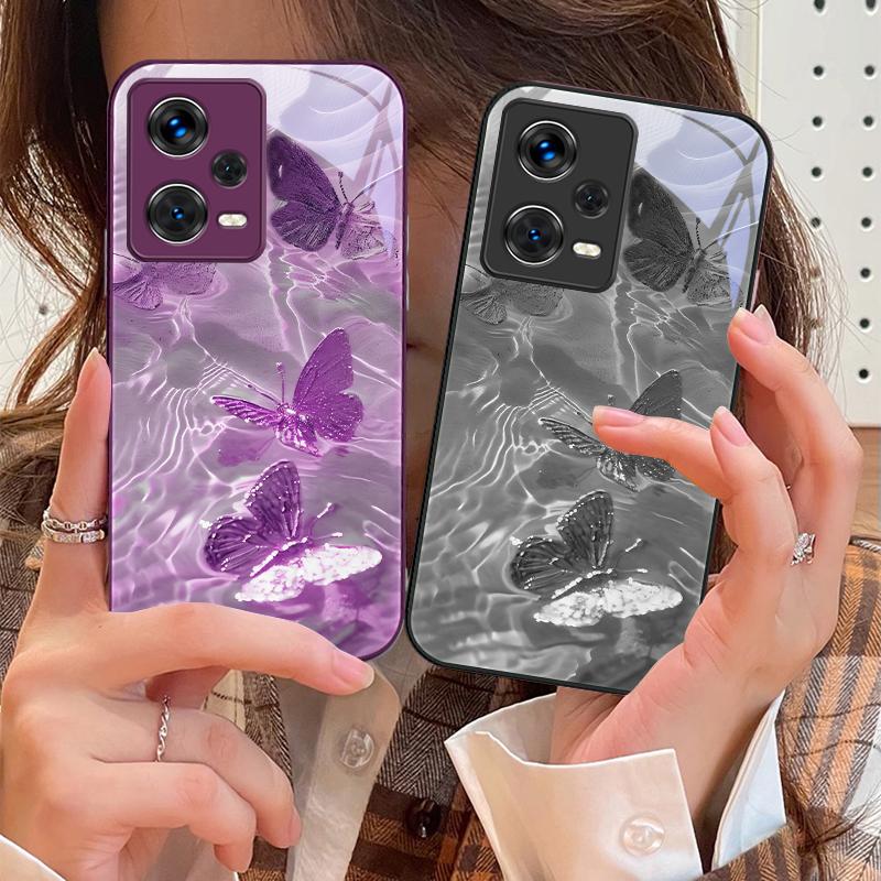 Lucky Butterfly White For Xiaomi 14 Ultra 13 Lite Redmi Note 13 11 Pro 12 Plus Poco X6 3 Pro F4 6 GT Tempered Glass Phone Case