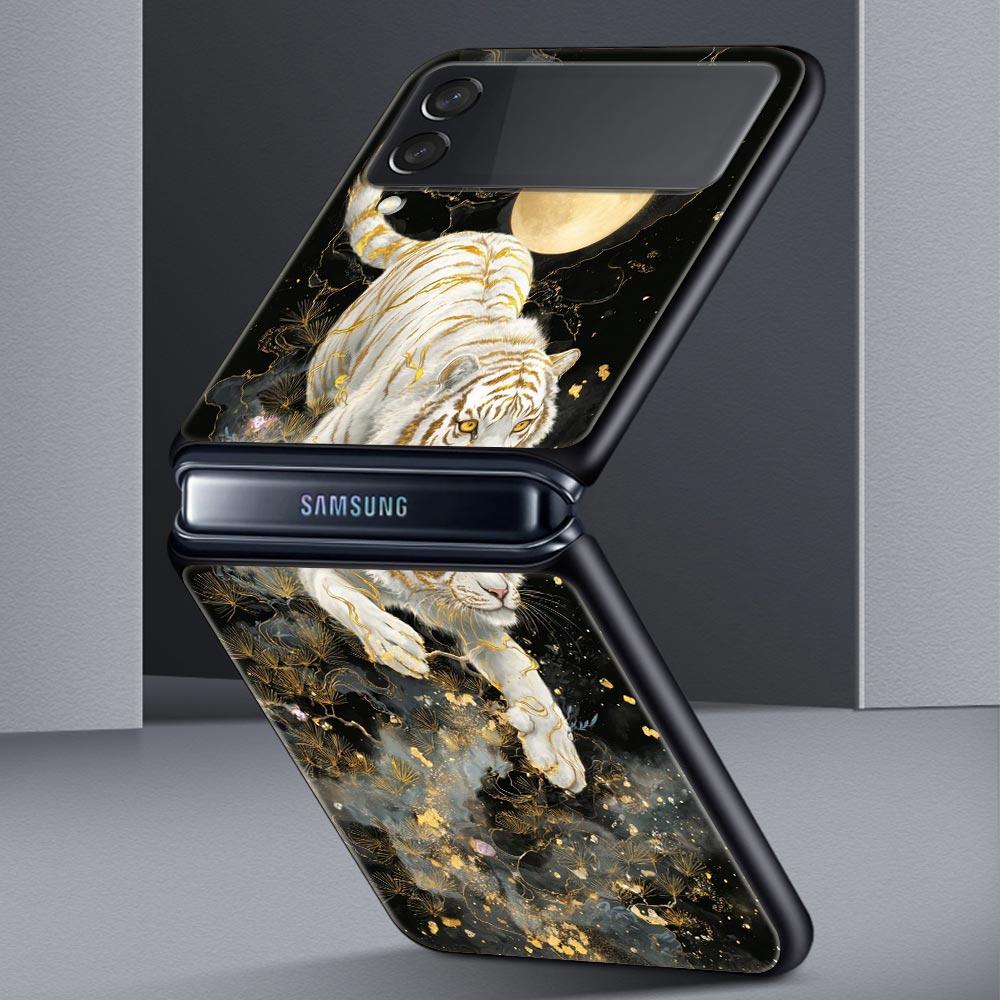 Phone Case for Samsung Galaxy Z Flip 3 4 5 6 7 Folding Black Shell For Samsung Z Flip4 Flip5 PC Hard Cover Animal White Tiger