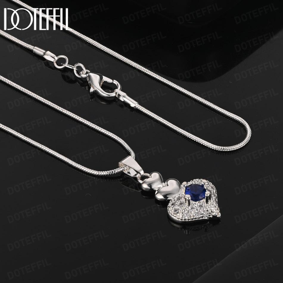 925 Sterling Silver Fashion Jewelry Heart-Shaped AAA Zircon Blue Pendant Wedding Necklace