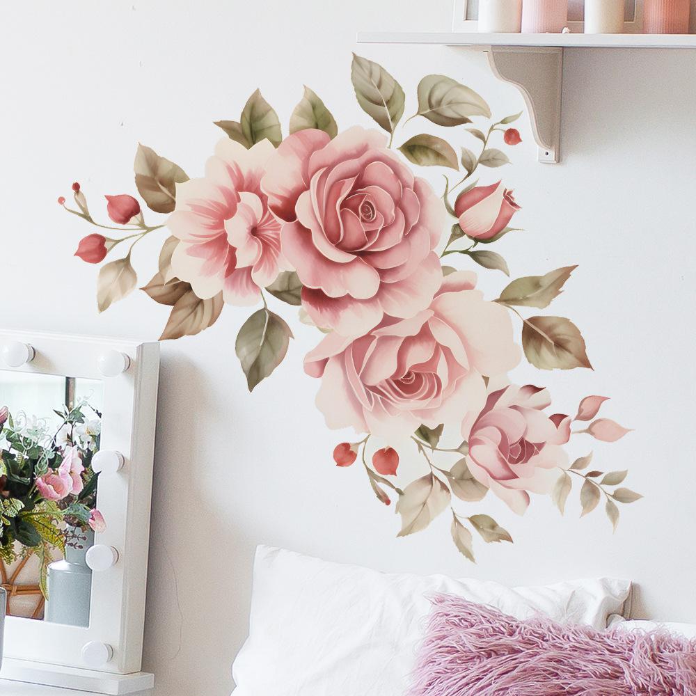 Watercolor Pink Romantic Rose Flower Leaves Bedroom Headboard Wall Decoration Wall Stickers
