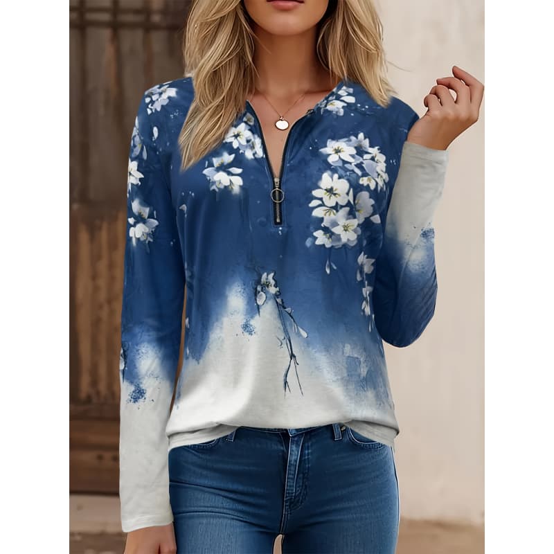 Women's Creative Printed Zipper Long-sleeved T-shirt, Breathable, Soft and Comfortable, Suitable for All-year-round Casual Wear