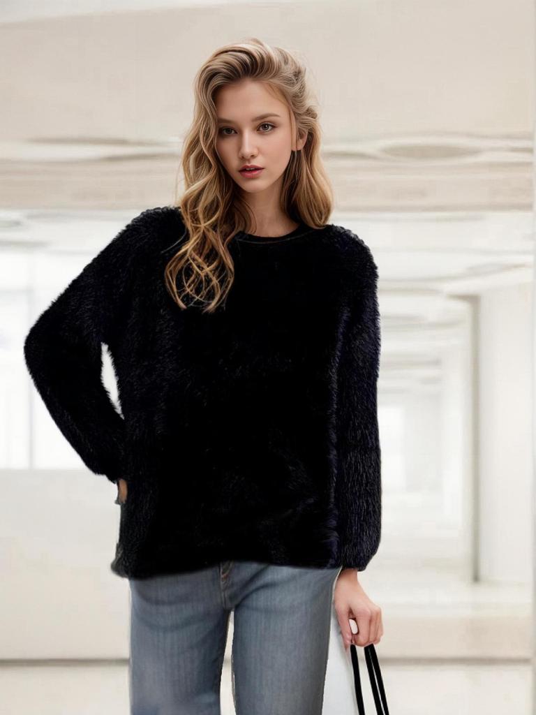 2025 Autumn/Winter Women's Faux Mink Long-Haired Knitted Sweater - Round Neck Fashion Pullover, Solid Color.
