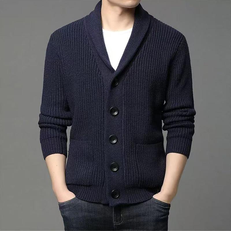 Autumn Winter Men's Thickened Button Cardigan Wool Sweater Green Fruit Collar Sweater Jacket V-neck Solid Color Casual Knitted Sweater