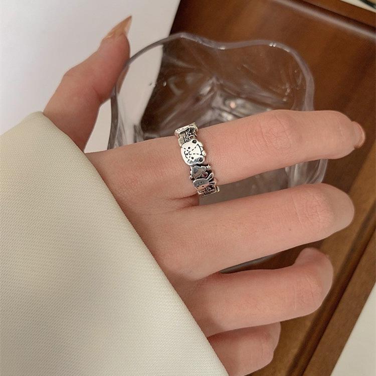 Women's S925 Silver Animal World Open Ring: Little Bear, Rabbit, Christmas Tree Design