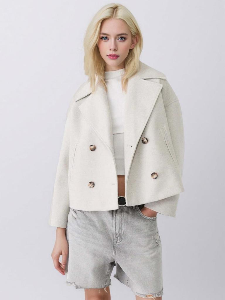 2025 Herbst Damen Europäischer & Amerikanischer Stil Zweireihiger Kurzer Wollmantel