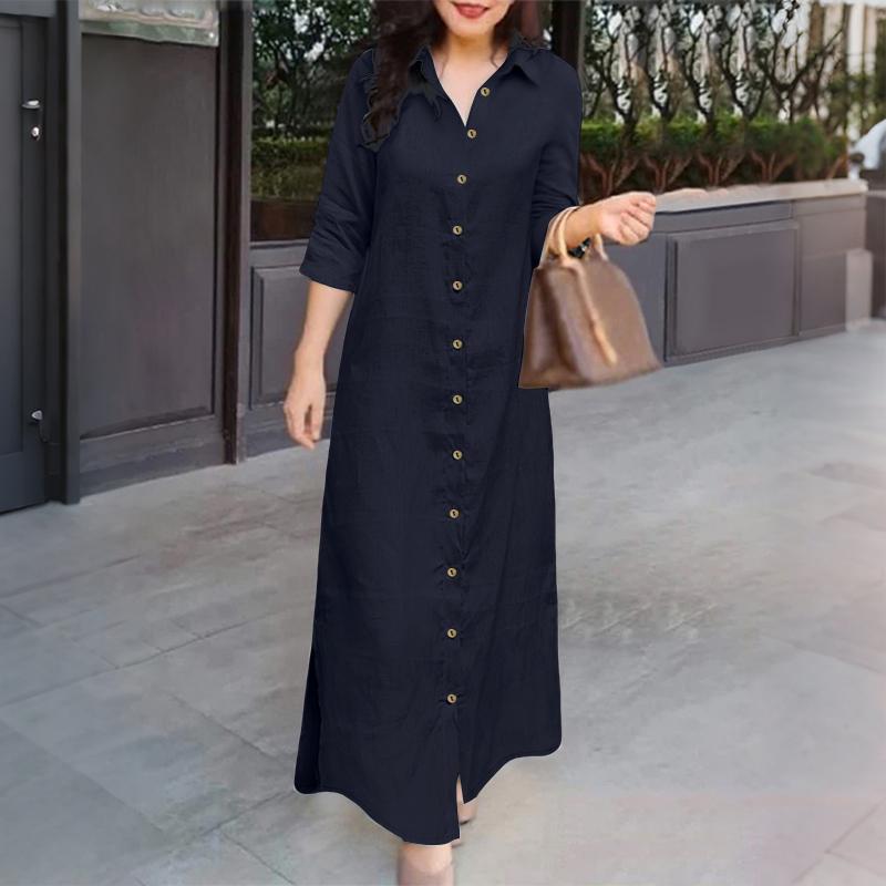 

ZANZEA Женское повседневное платье с отложным воротником, свободное, с рукавом 3/4, длинное S тёмно-синий