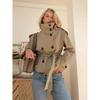 Casacos Cropped Trench com Cintura Marcada Femininos Casacos de Botão Duplo Gola Alta 2026 Outono Chique Casual Vintage Jaqueta Feminina Tecido