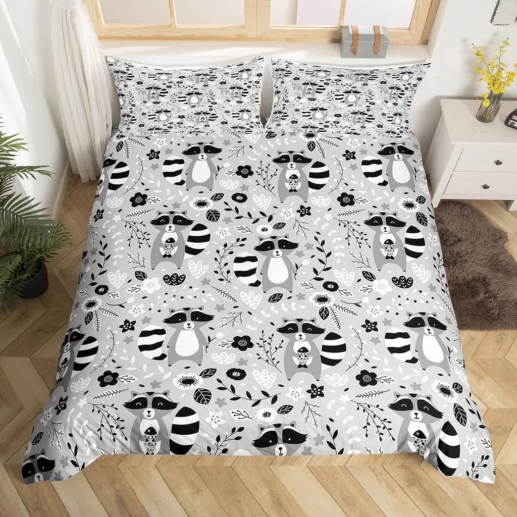 Waschbär Bettwäsche-Set für Jungen Kinder Mädchen Niedlicher Cartoon Wildtiere Bettbezug Liebevolle Tiere Bettdeckenbezug Polyester Steppdeckenbezug