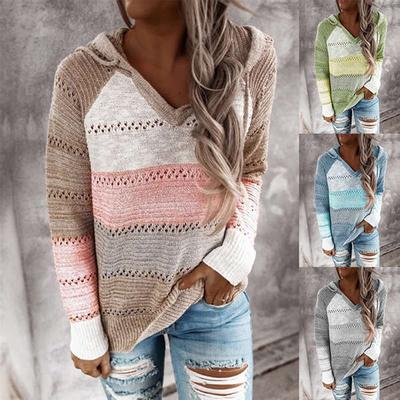Women Spring Autumn Thin Fashion Sweater Hollow Out Hit Color Print Knitting Hooded Sweater Stripes Pullovers Casual Loose Long Sleeve Sweater