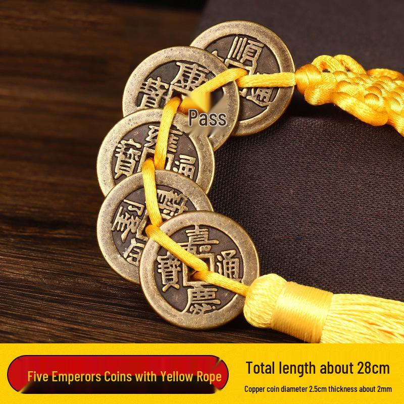 Authentic Pure Brass Five Emperors Coins Ornament with Red String - Shunzhi, Kangxi, Yongzheng, Qianlong, Jiaqing, Daoguang