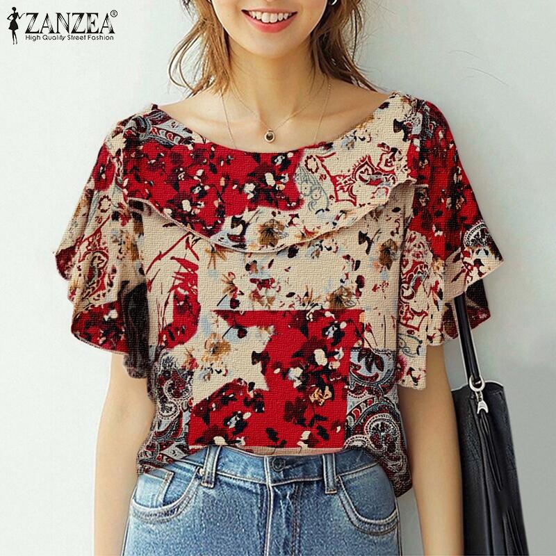 ZANZEA Women Casual Ethnic Print Loose Short Sleeve Blouse
