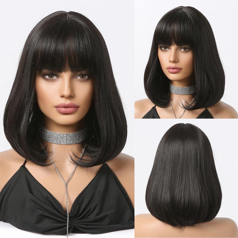 Black BoBo Synthetic Wig with Bangs Shoulder Length Bob Straight Wig for Women Cosplay Daily Hair Wig Heat Resistant Wigs