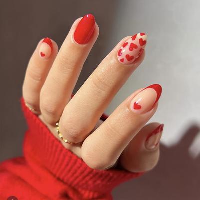 24 sztuki Walentynki Francuski Czerwony Noszenie Paznokci Miłość Nail Art Sztuczne Paznokcie