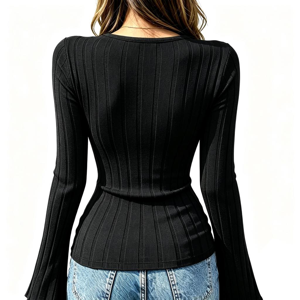 Women's Color Square Neck Long Sleeve T Shirt Cross Front Cropped Slim Fit Tee Top