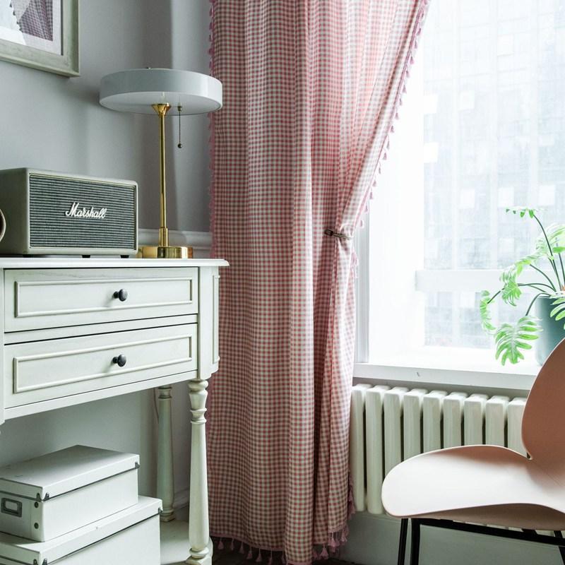 Japanese Pink Plaid Cotton Linen with Tassel Window Curtain Blackout Valance Art Decorative Curtain for Living Room Bedroom