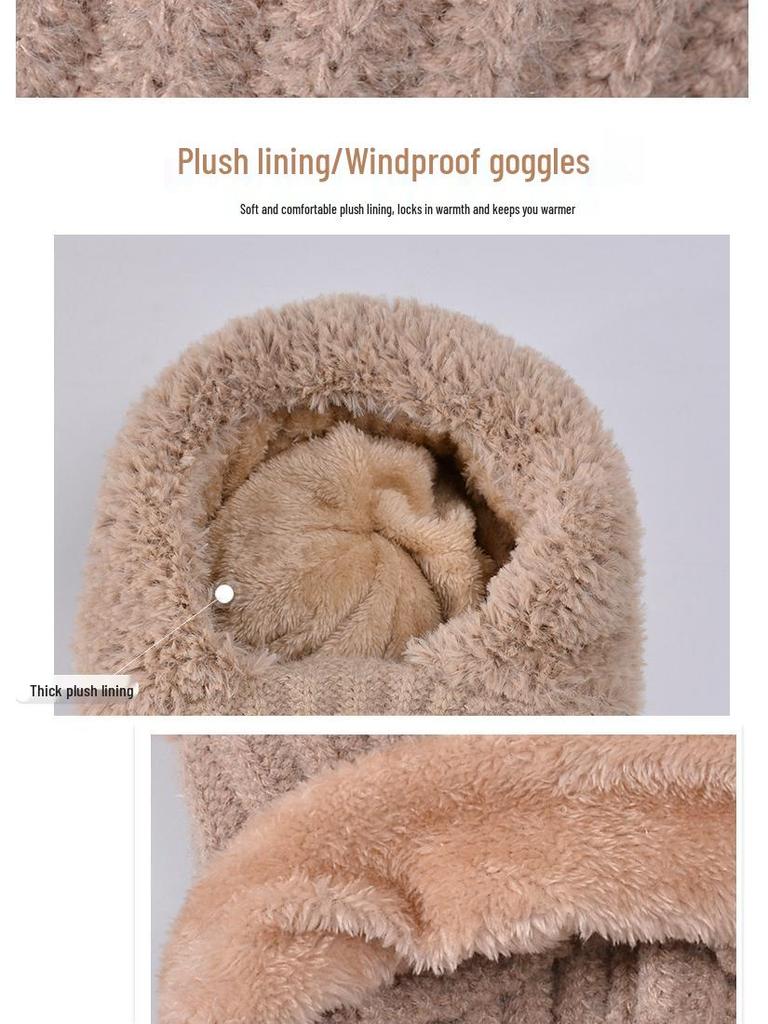 Women's Winter Knitted Hat with Scarf & Mask - Windproof, Plus Velvet, Warm Wool, Ideal for Cycling