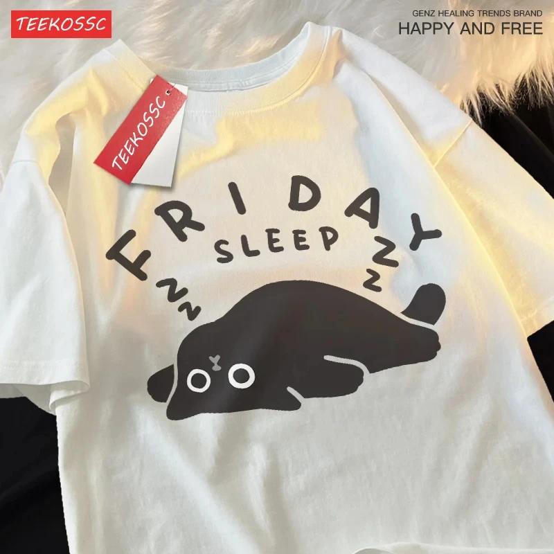 Monday Sleep Fun Unisex Cat Style Cotton Summer Short Sleeved t-shirt For Men Women Japan Couple Fun Clothing Street Hip Hop Tee