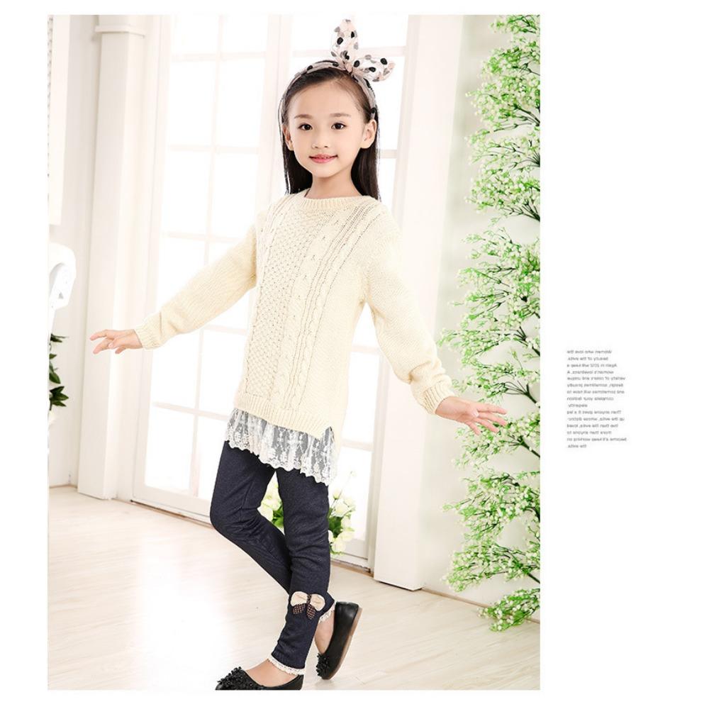 Girls' Cute Bow Denim Leggings with Fleece Lining - Thickened Warm Casual Long Pants Fall/Winter Pants